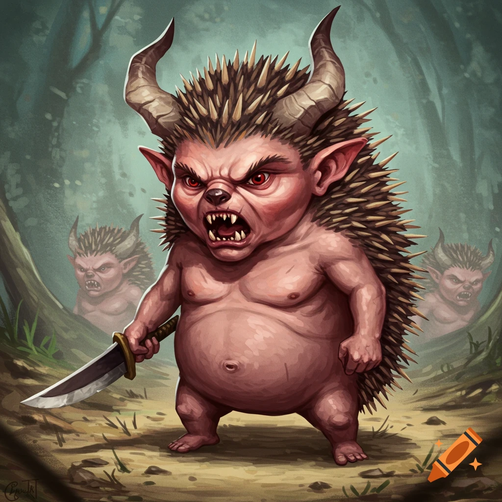 A ferocious spiky fantasy creature with horns, fangs, and red eyes, holding a knife in a forest.