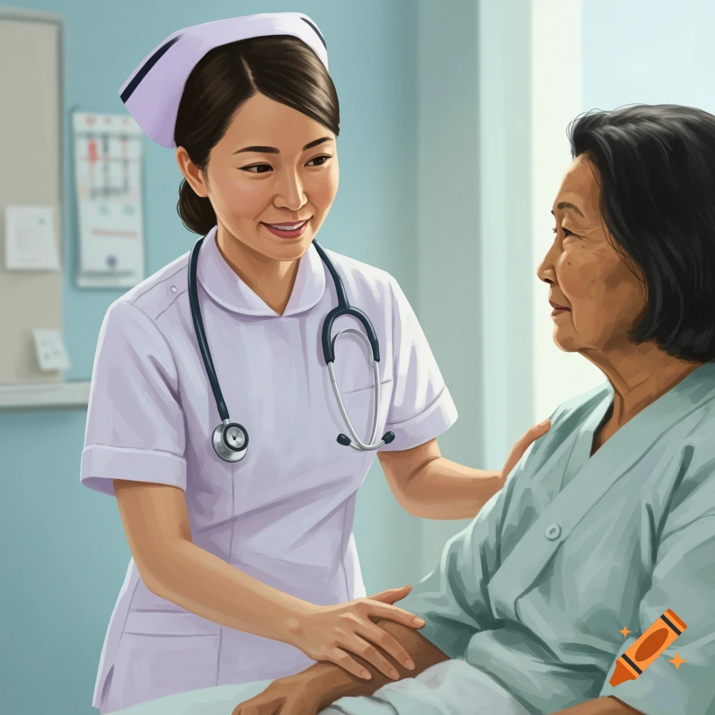 A nurse tending to an elderly patient in a bright hospital room.