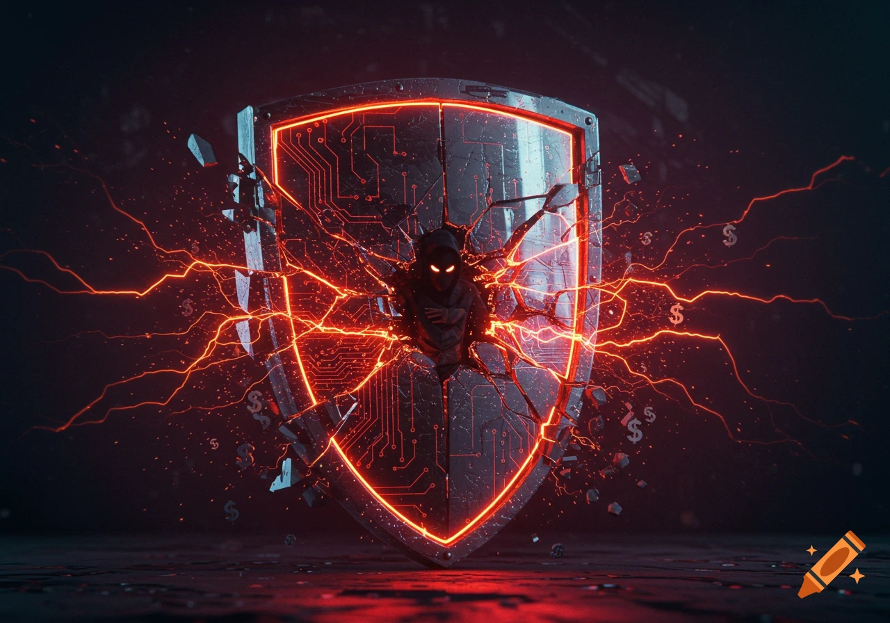 A cracked metal shield with circuits, red energy, dollar signs, and a dark figure emerging.