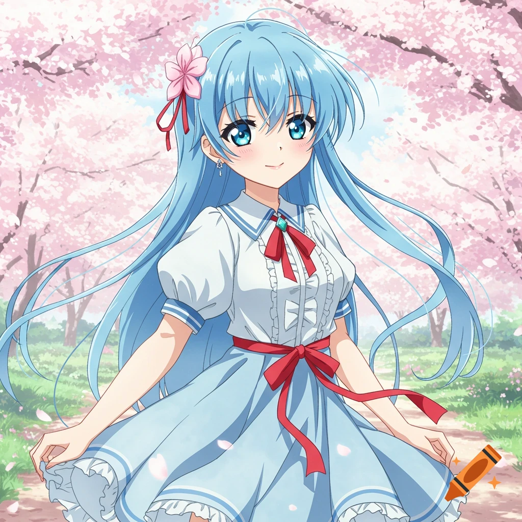 An anime girl with blue hair stands among cherry blossoms.