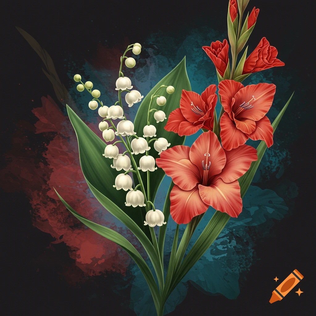 A bouquet of white lily of the valley and red gladiolus flowers against a dark background.