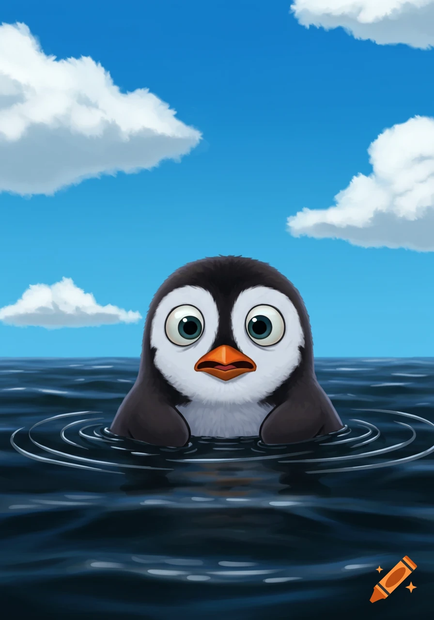 A cartoony scared penguin peeking out of the water.