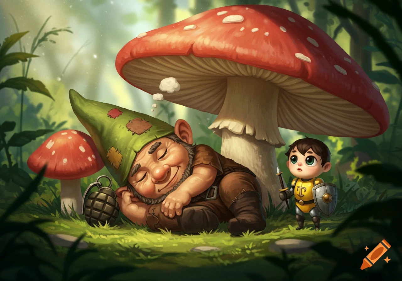 A sleeping gnome lies next to a grenade under giant mushrooms, while a small child soldier stands nearby holding a spear.