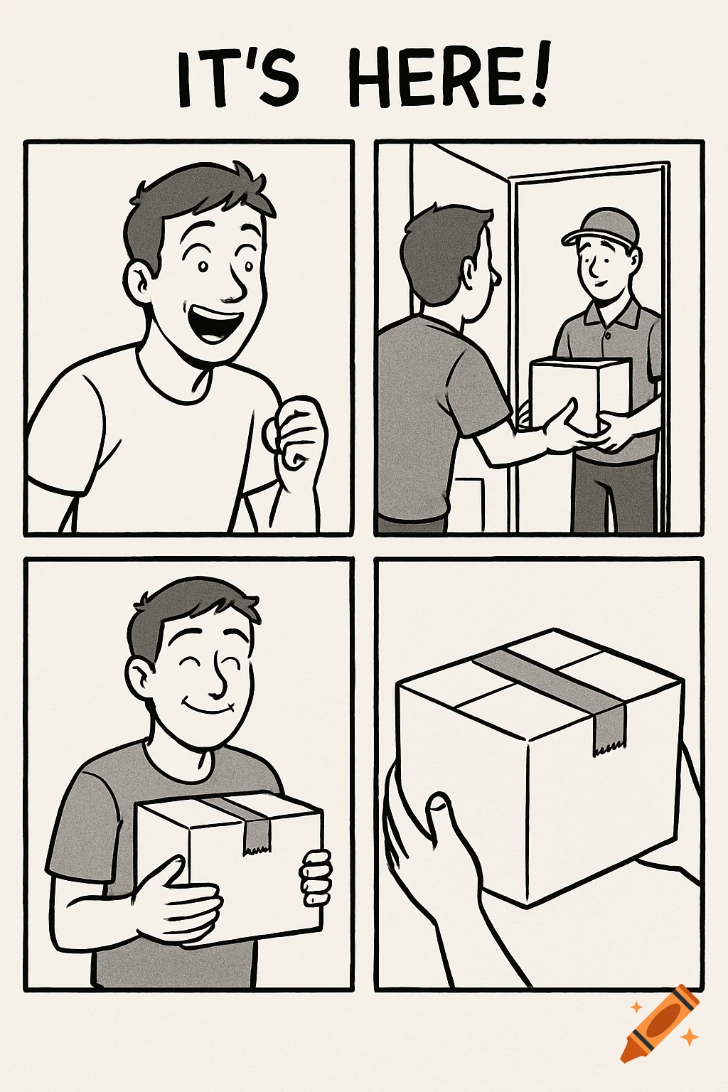 Black and white comic strip showing someone excitedly receiving a package.