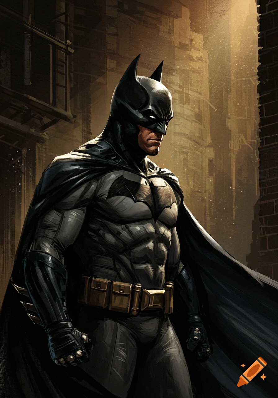 Batman standing in a dark city alley.