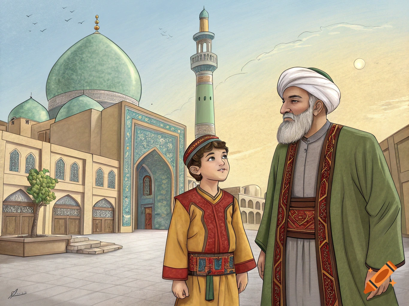 Illustration of a boy and old man in traditional clothes outside a shrine or mosque.