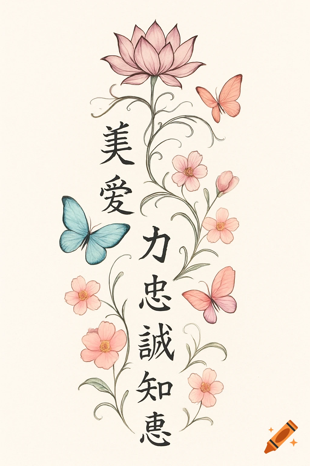 Watercolor illustration of a vertical tattoo design with a lotus, flowers, butterflies, vines, and Japanese characters.