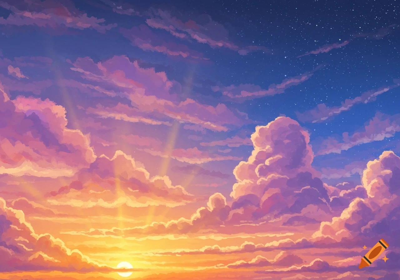 A vibrant sunset sky with pink and orange clouds blending into a starry blue night.