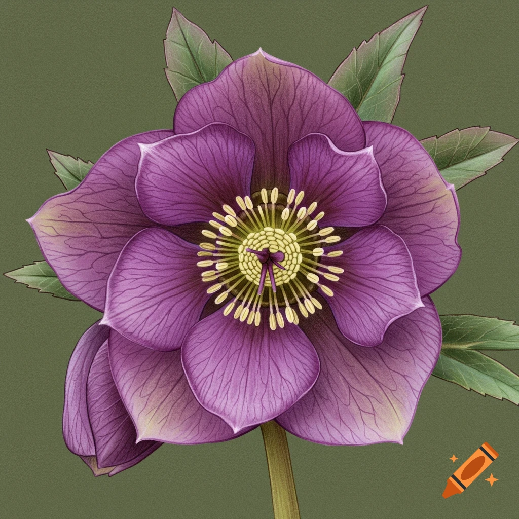 Botanical illustration of a purple Hellebore flower