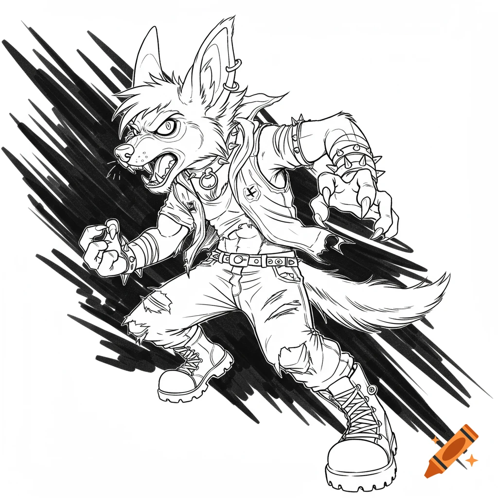 Line art of a fierce canine fursona in punk clothing