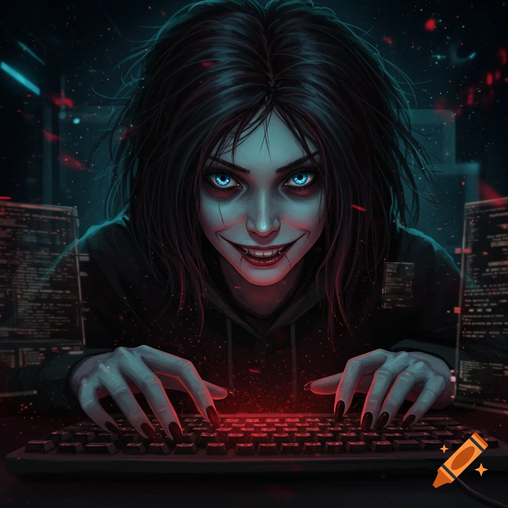 A creepy woman hacker with glowing eyes typing on a keyboard.