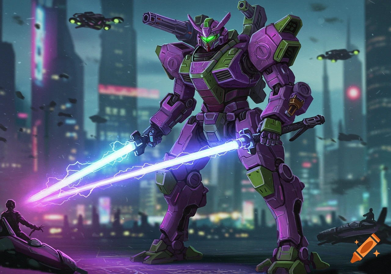 A purple and green mech holds glowing swords in a futuristic city.