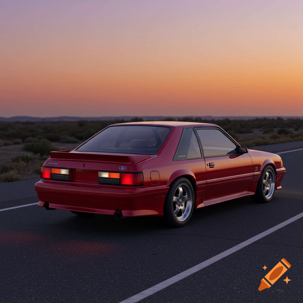 Red 1992 Ford Mustang GT on a road at sunset in a desert landscape, digital art.