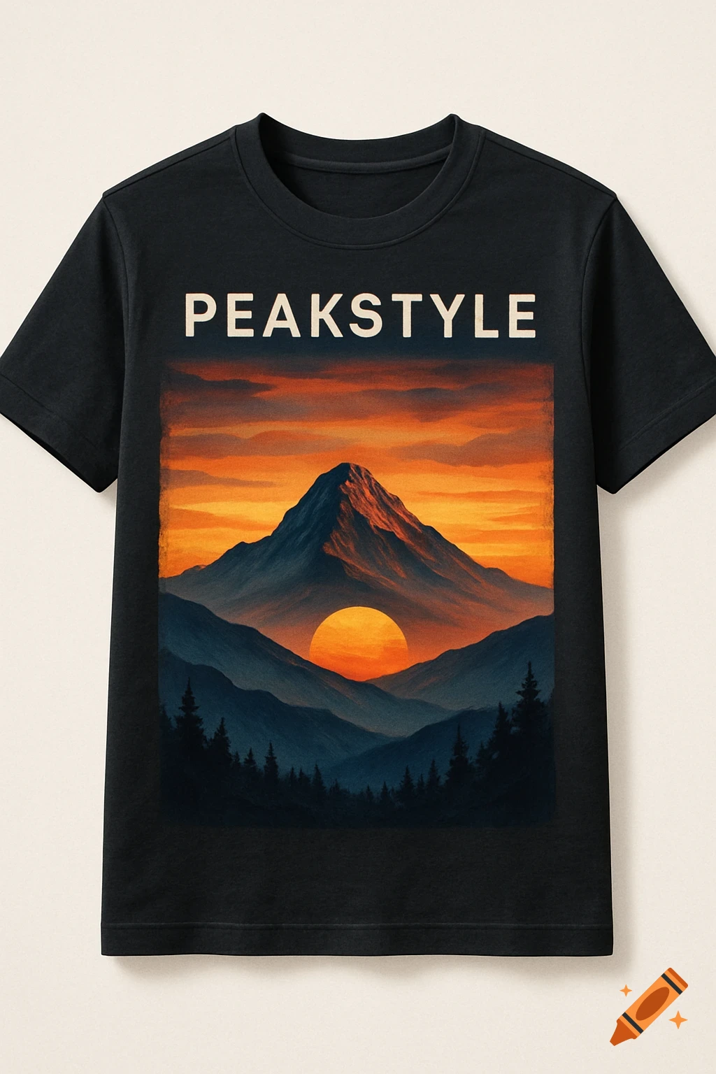 Black t-shirt with 'PEAKSTYLE' text above a mountain at sunset.