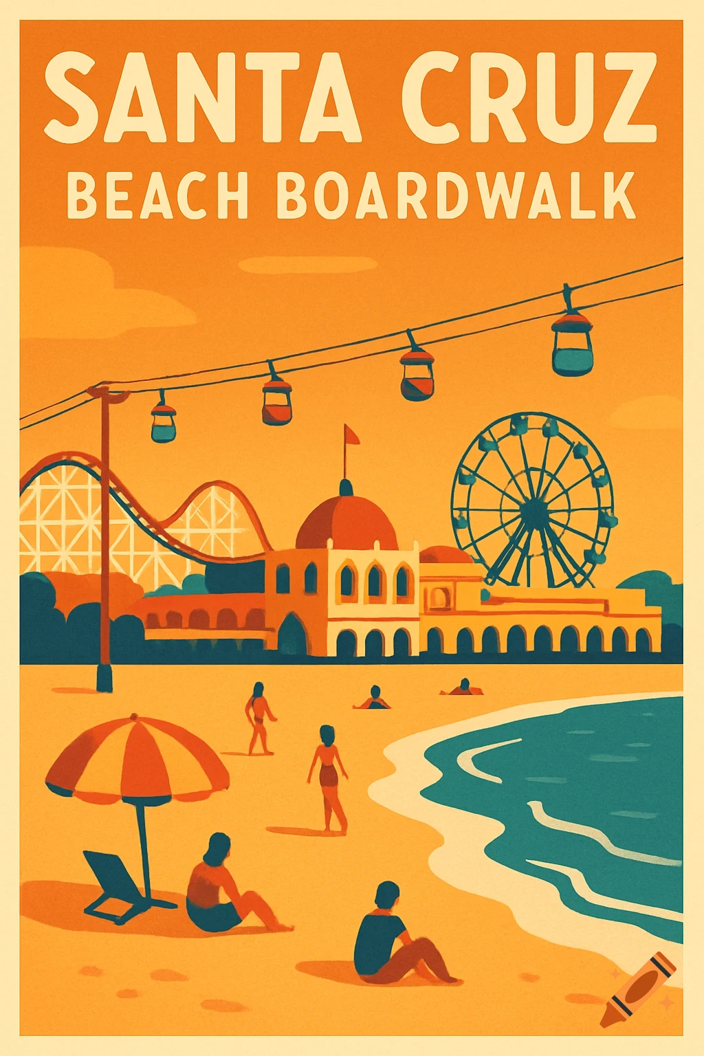 Poster of Santa Cruz Beach Boardwalk with rides and beachgoers in a simple art style.