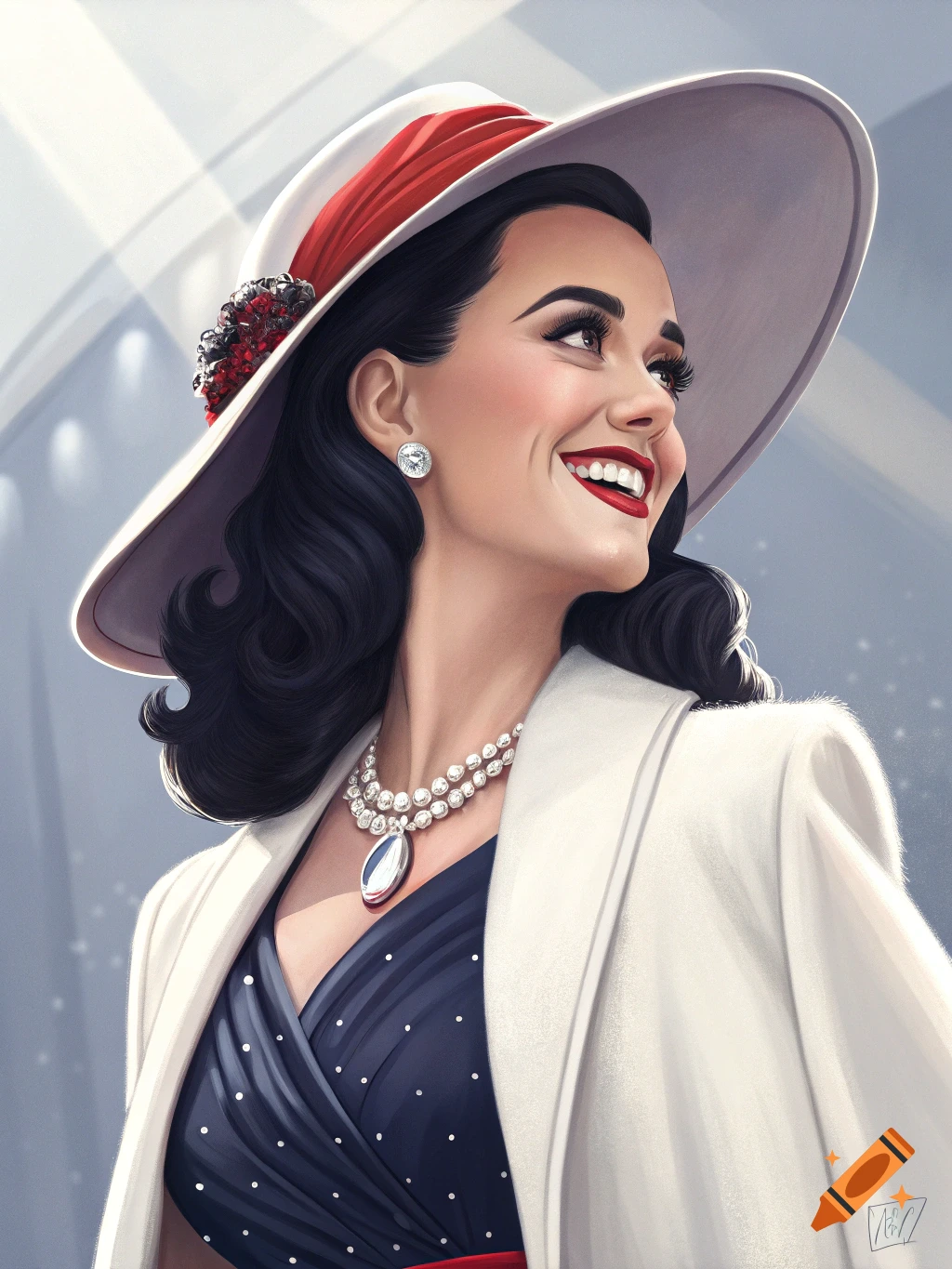 Portrait of a smiling woman in a wide-brimmed hat, pearls, and a white coat.