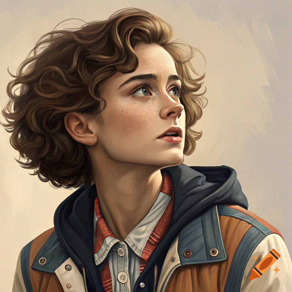 Close-up portrait illustration of a young person with curly brown hair, freckles, wearing a jacket and collared shirt, looking upward.