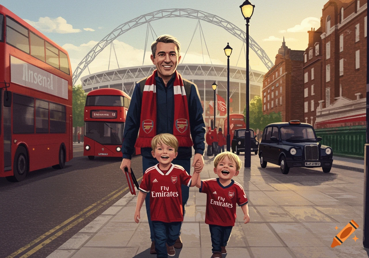 A father and two young sons in Arsenal jerseys are walking in London towards Wembley Stadium with buses and taxis around them.