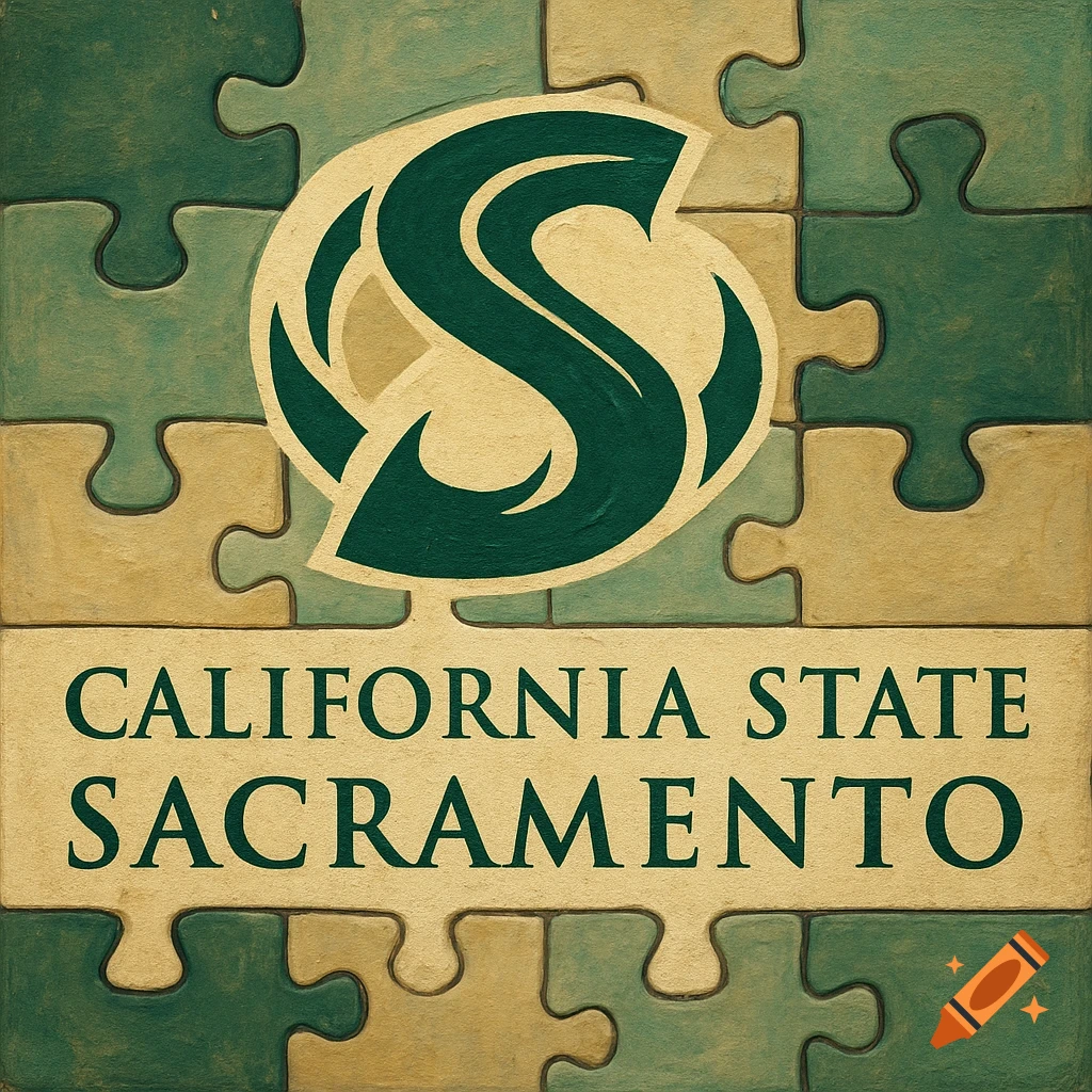 California State Sacramento logo on a puzzle piece background.
