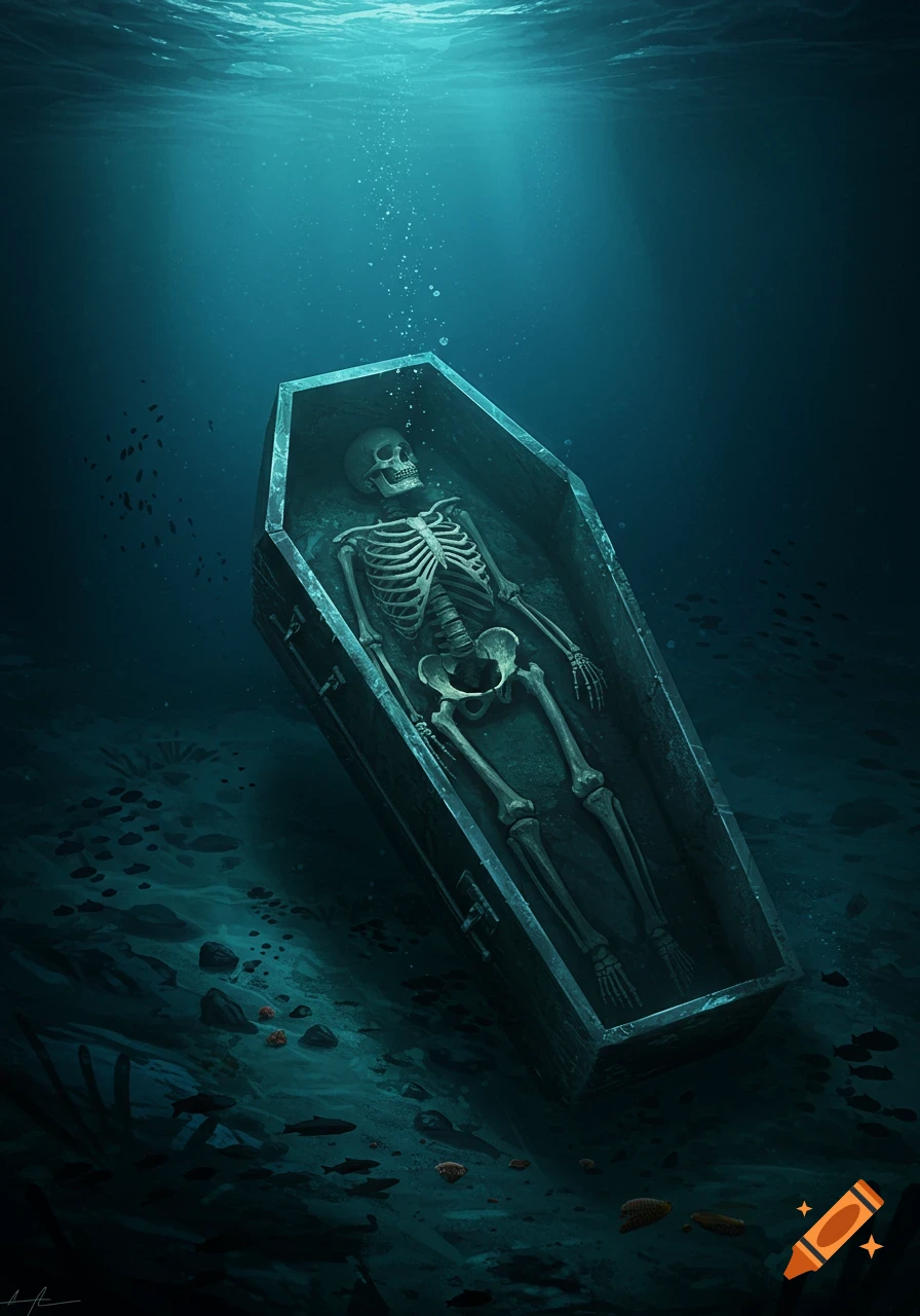 A skeleton is lying in a coffin on the ocean floor. Fish swim around the coffin, and bubbles rise from the depths.