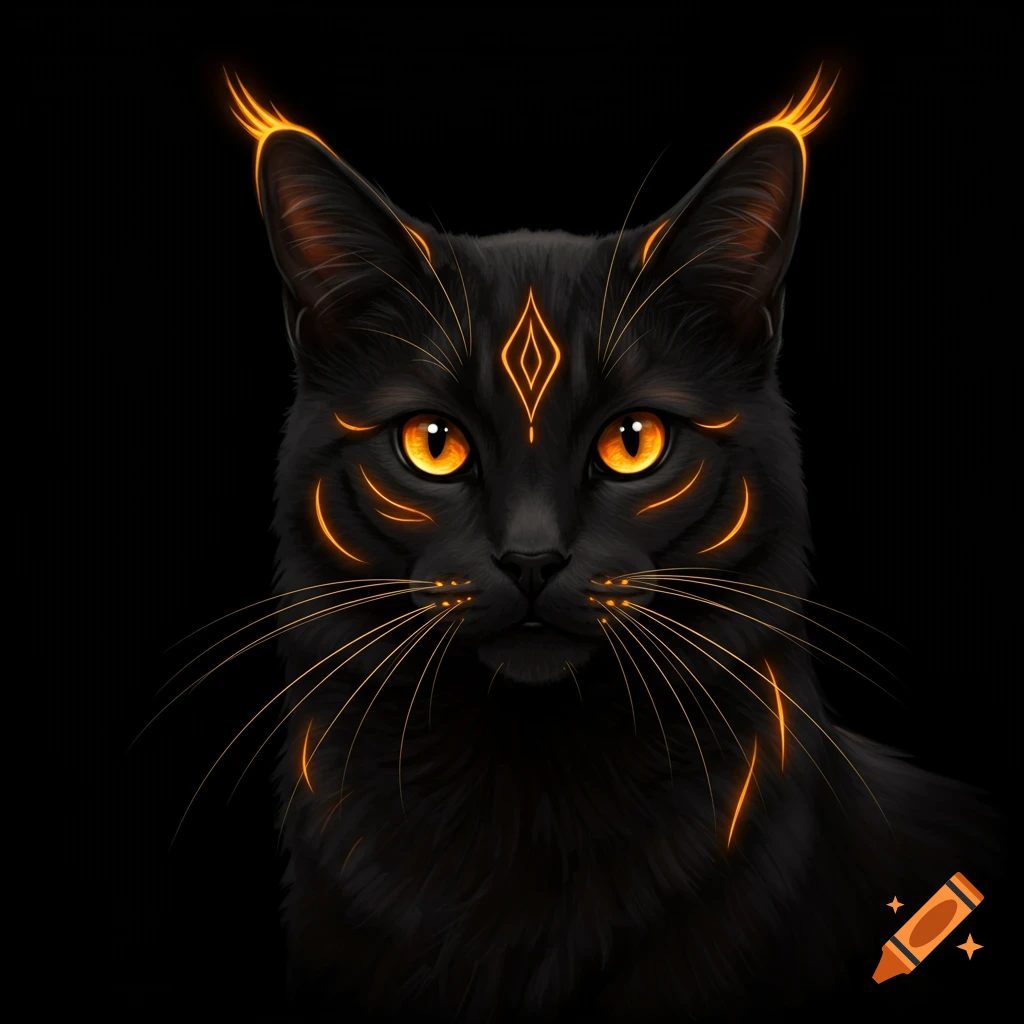 A black cat with golden-orange glowing eyes and markings on a black background.