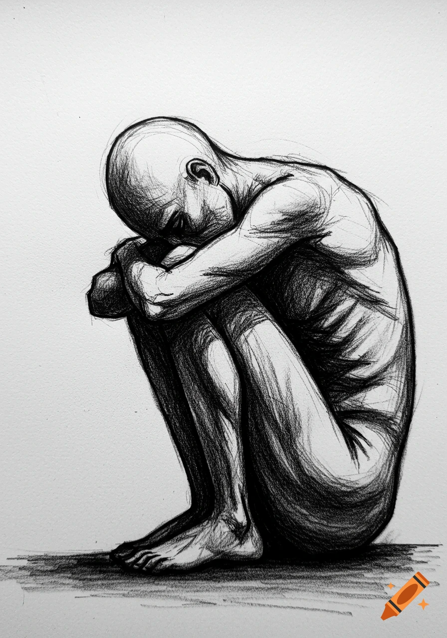 Black and white sketch of a person curled up, looking sad.