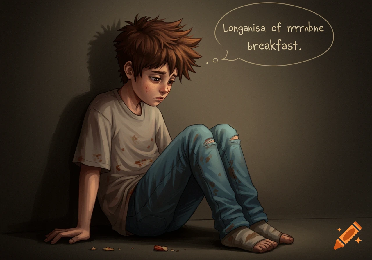 Illustration of a sad boy sitting on the floor with a thought bubble about breakfast.