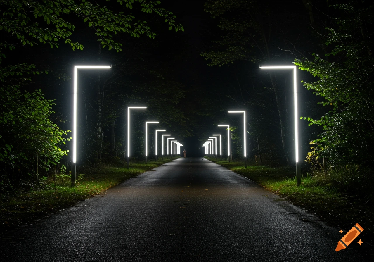 Night road lined with modern L-shaped streetlights and trees, figure in distance.