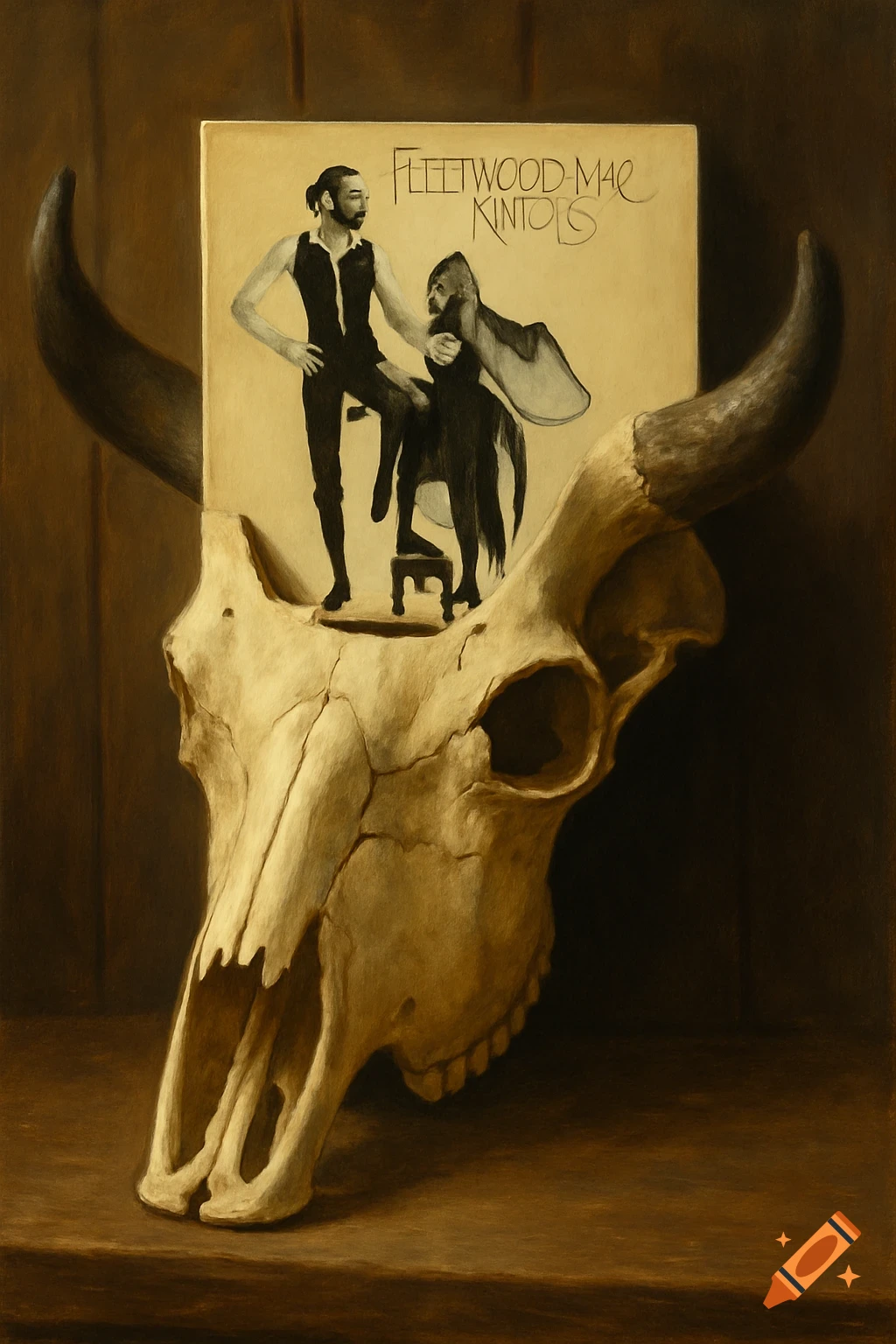 A cow skull with a record album jacket on top showing figures in a dark style.
