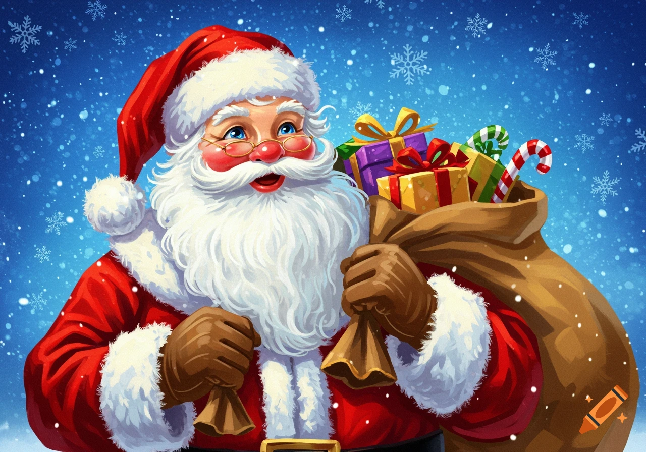 A jolly Santa Claus holds a sack of gifts against a snowy blue background.