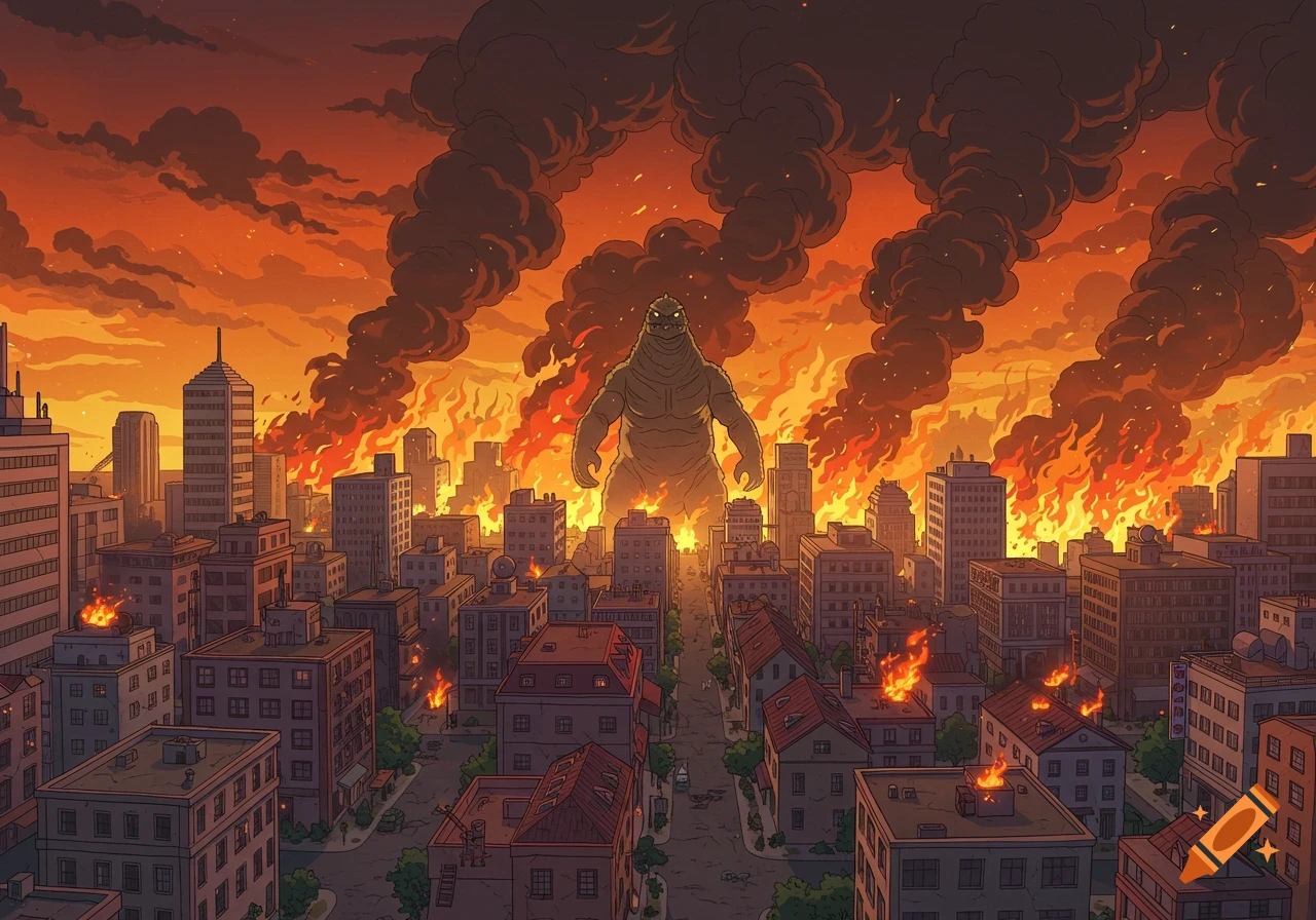 Cartoon of a large monster standing in a burning city under a smoky orange sky.