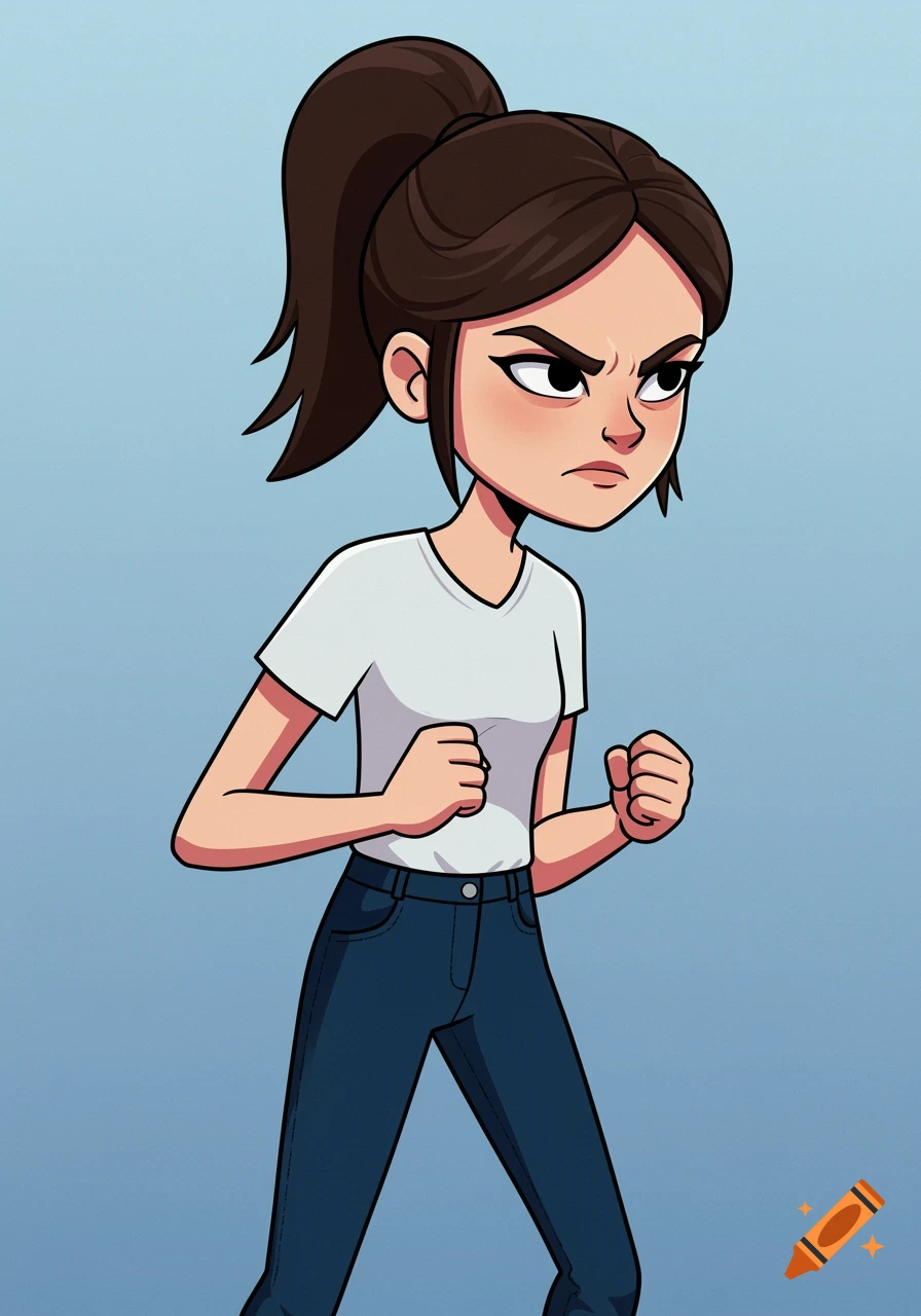 Cartoon illustration of a girl with a ponytail, angry expression, and clenched fists.