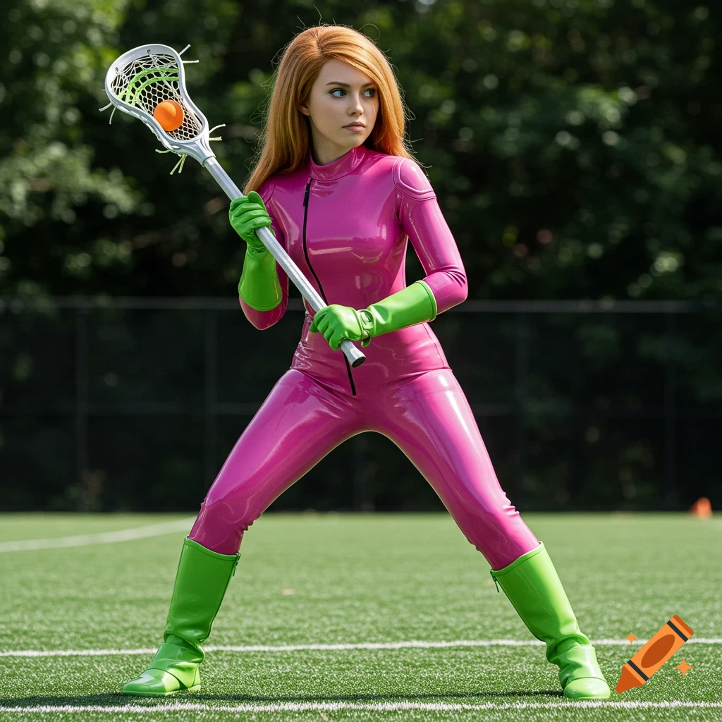 A woman in a pink suit with green gloves and boots plays lacrosse on a field.