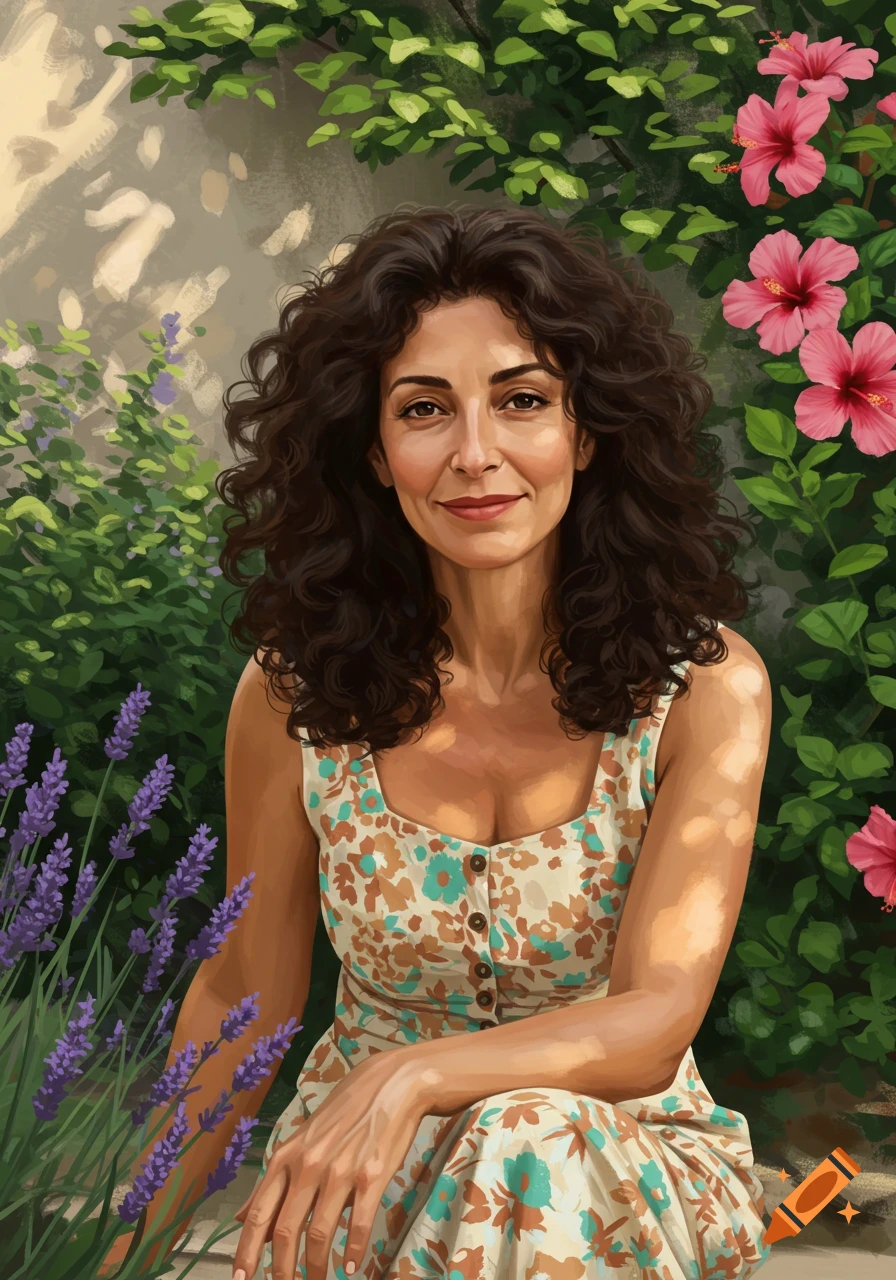 A woman in a floral dress is sitting in a garden filled with lavender and hibiscus flowers.