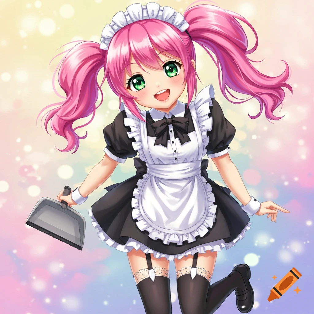 Anime girl with pink hair and green eyes in a maid outfit holding a dustpan.