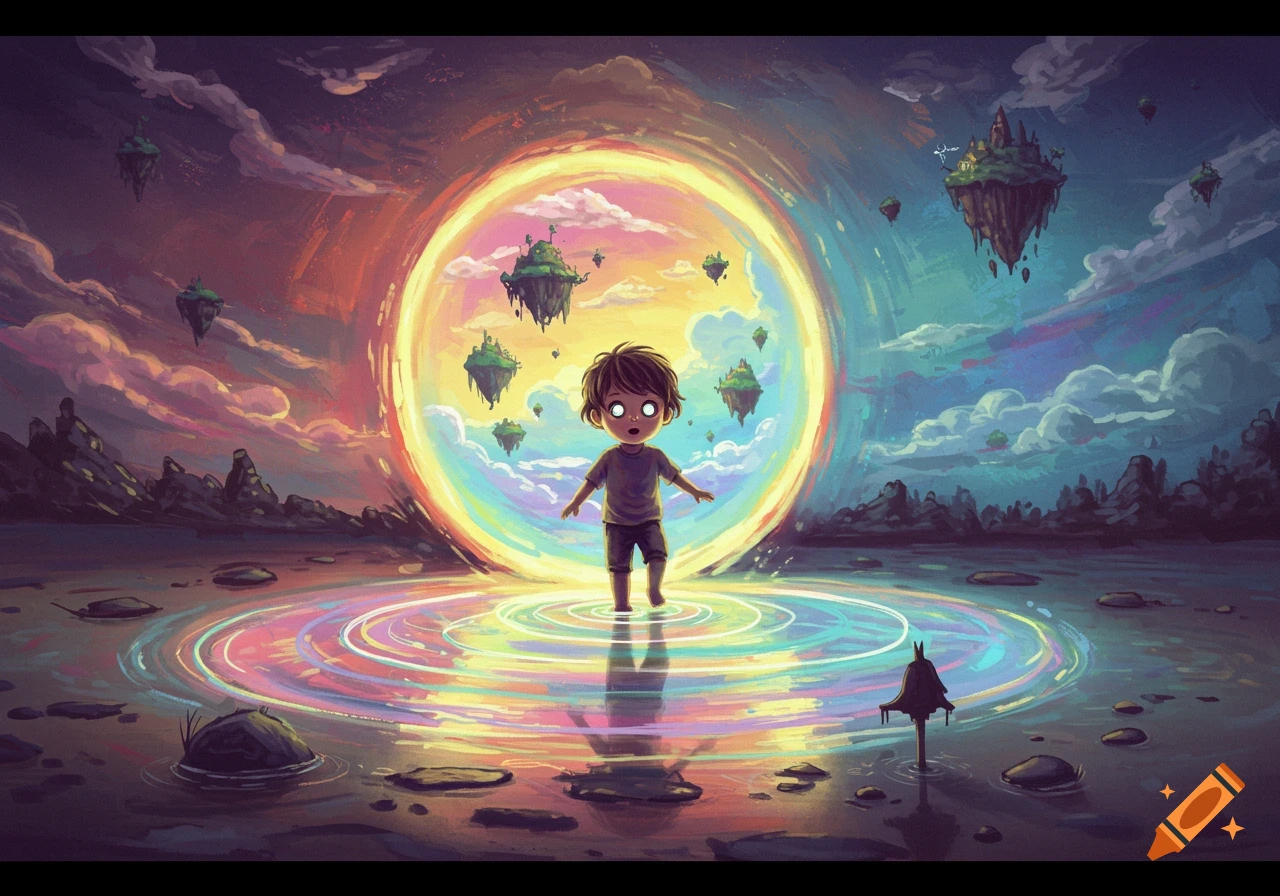 Whimsical painting of a child stepping through a colorful portal puddle into a fantasy landscape with floating islands.