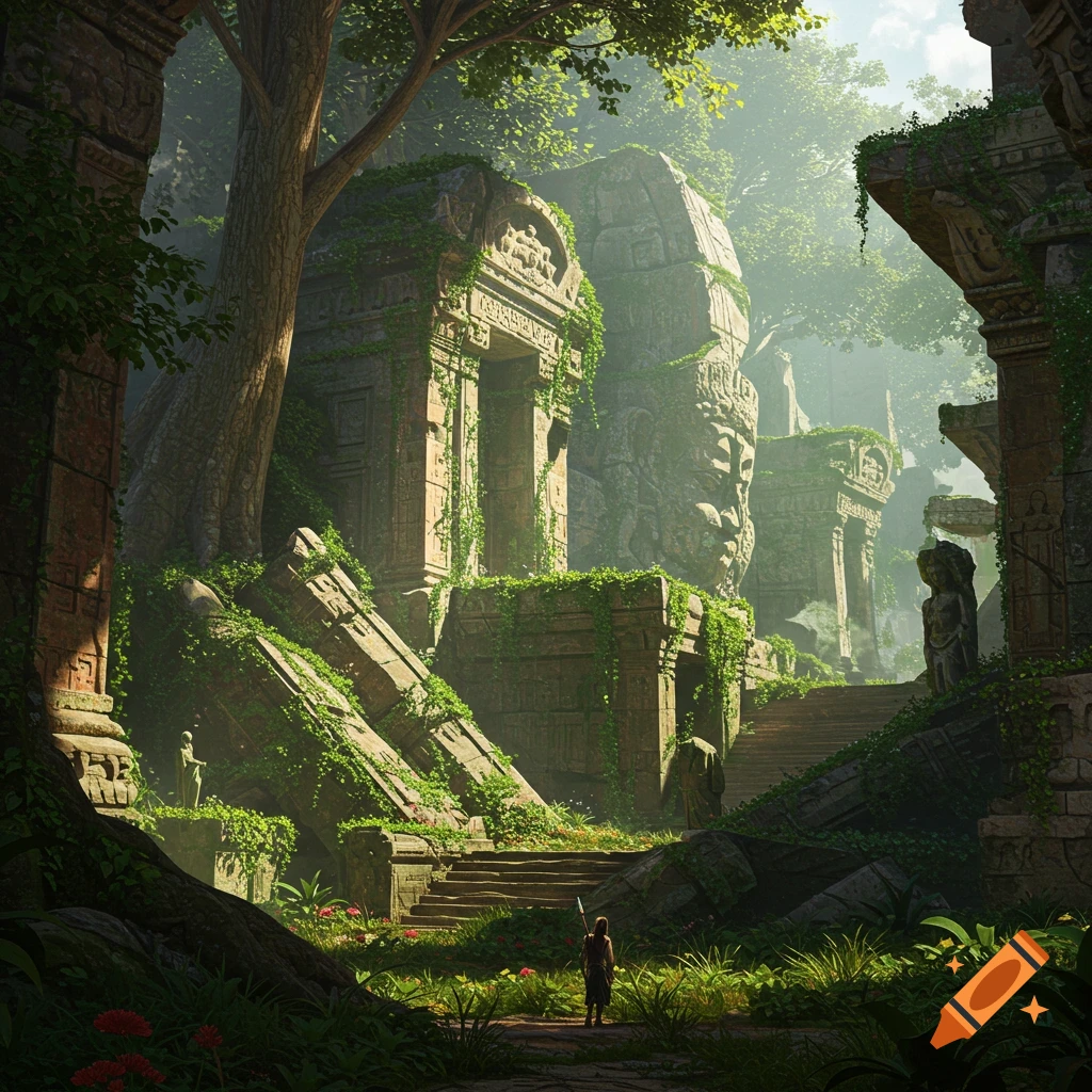 Immense overgrown ruins in a jungle with a small figure on a path.