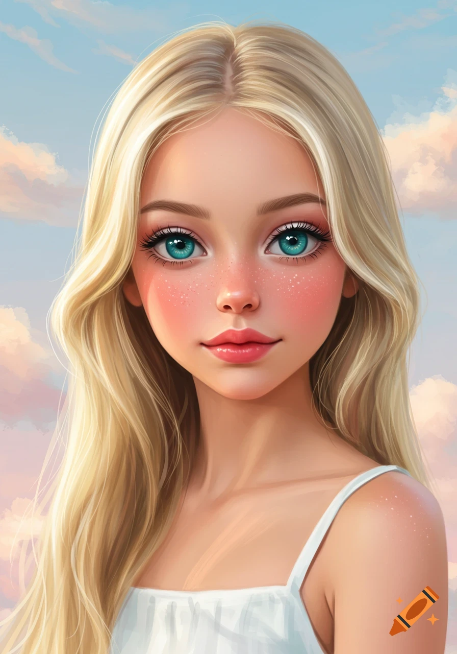 Portrait of a girl with long blonde hair and deep blue eyes.