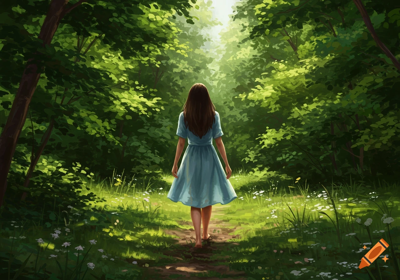 A woman is walking barefoot on a path through a sunlit forest.