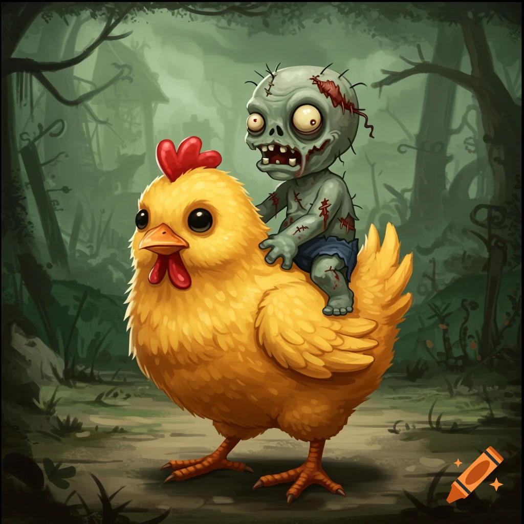 Cartoon baby zombie rides a yellow chicken in a dark forest