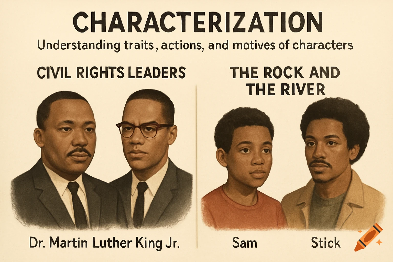 Portraits illustrating characterization with Civil Rights leaders and characters from The Rock and The River.