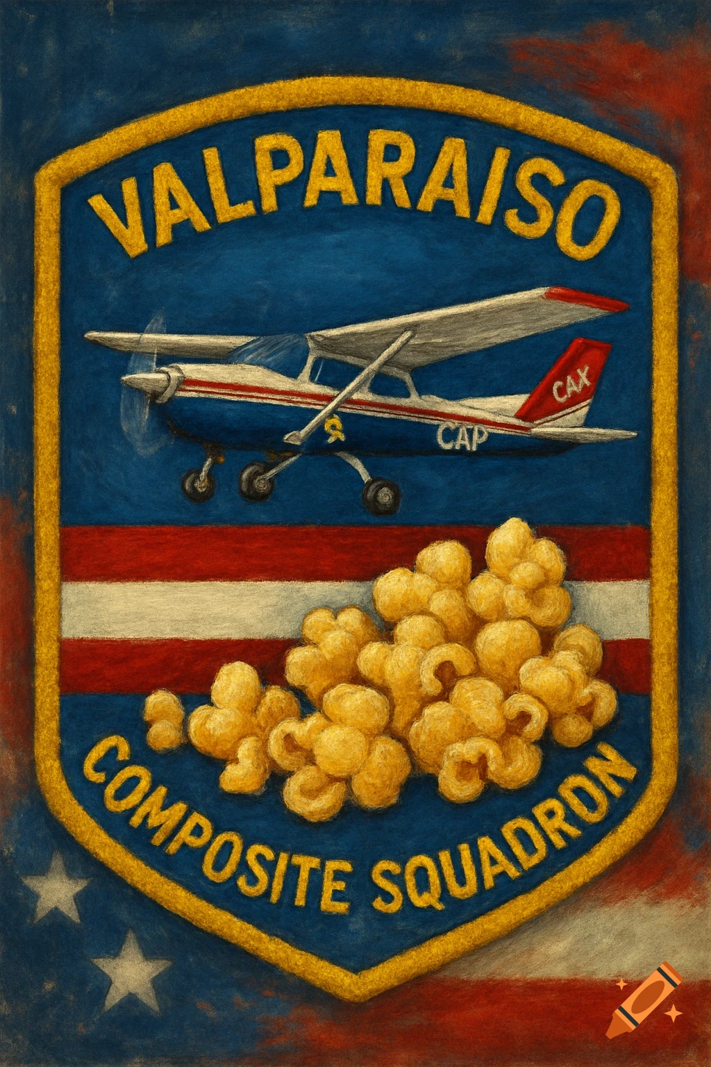 Patch design with airplane, popcorn, American flag colors, and text 'Valparaiso Composite Squadron'.