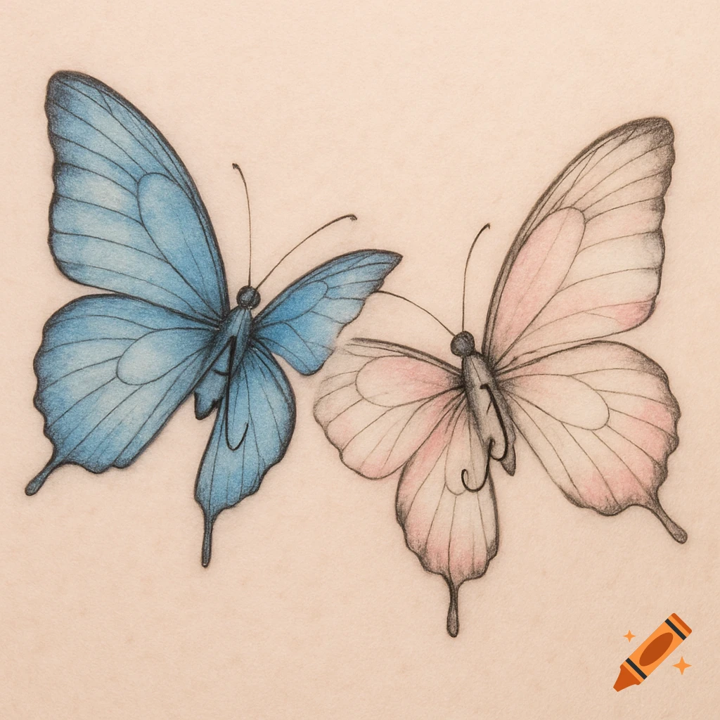 Pencil drawing of a blue and a pink butterfly
