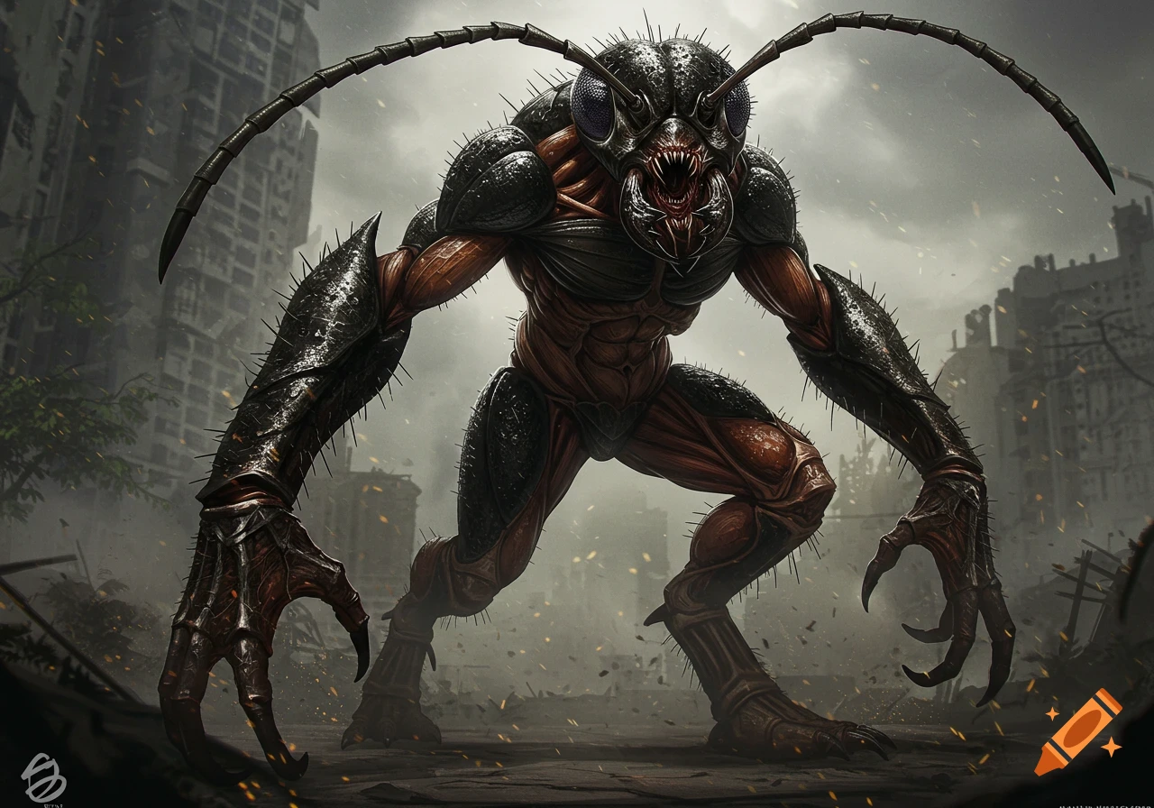 An ant humanoid monster in a ruined city.