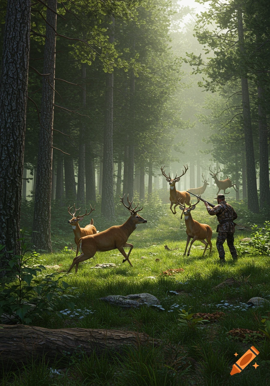 A hunter aims a rifle at several deer in a misty forest clearing.