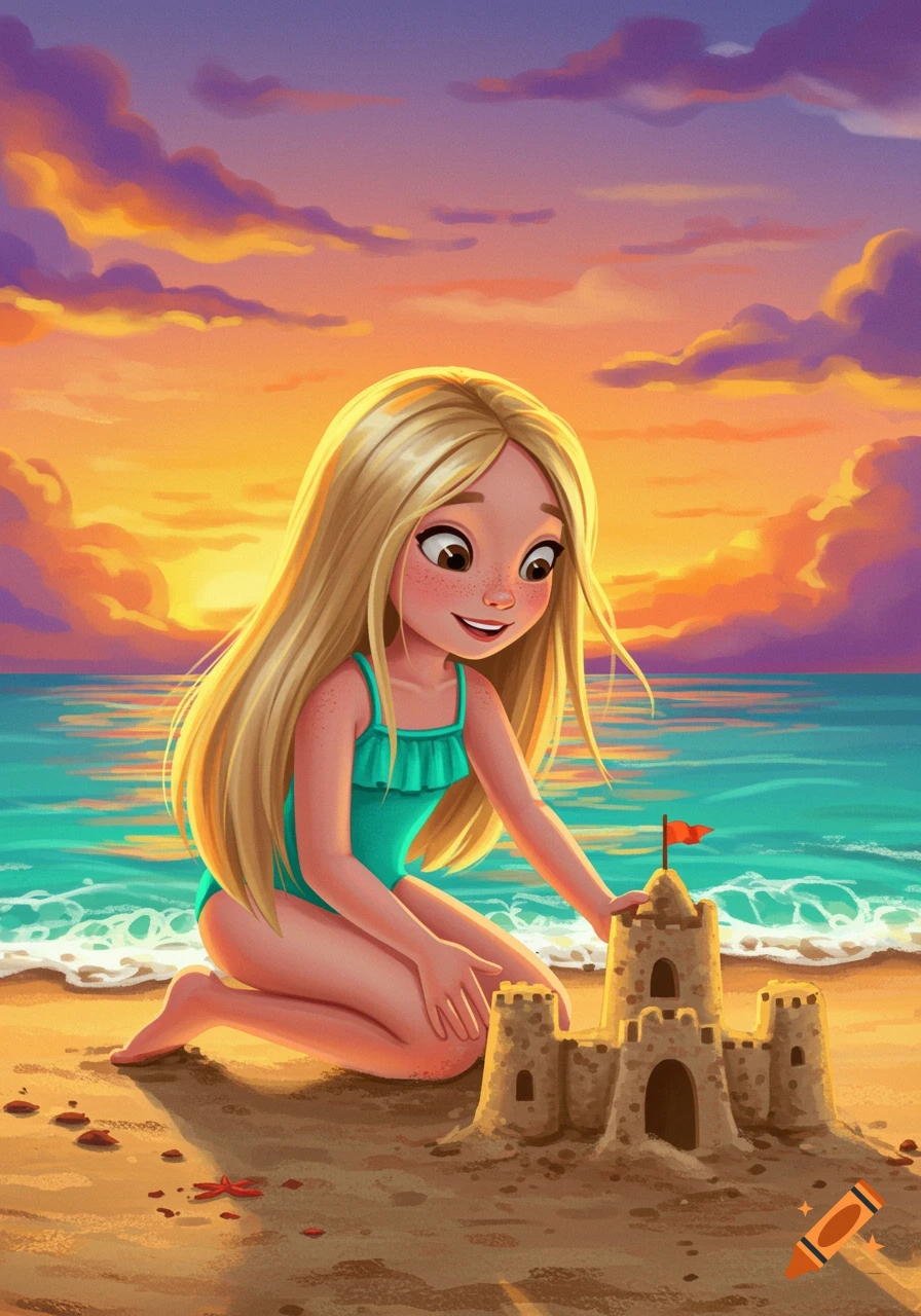 A girl builds a sandcastle on a beach at sunset.