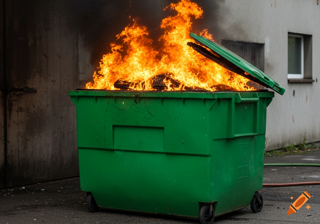 A green dumpster is on fire, with flames and smoke rising.