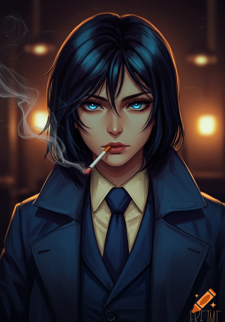 An anime female character in a suit and coat smoking a cigarette.