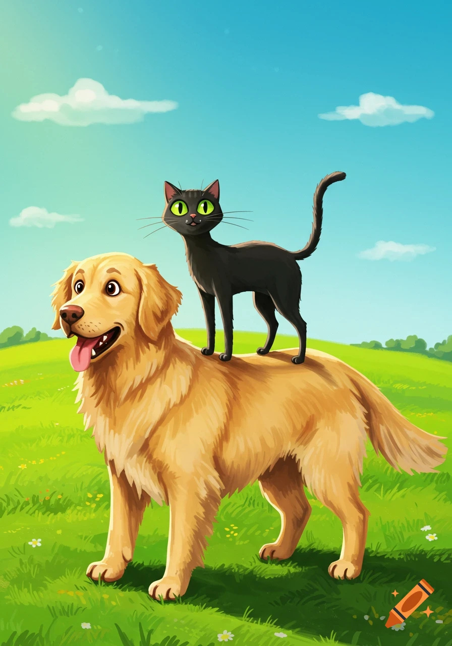 A black cat stands on the back of a golden retriever dog in a grassy field, cartoon style.