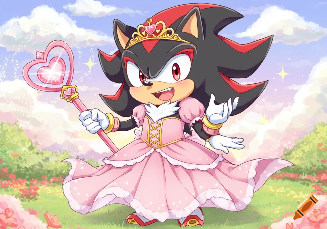 Shadow the Hedgehog in a pink princess dress holds a heart wand in a field.